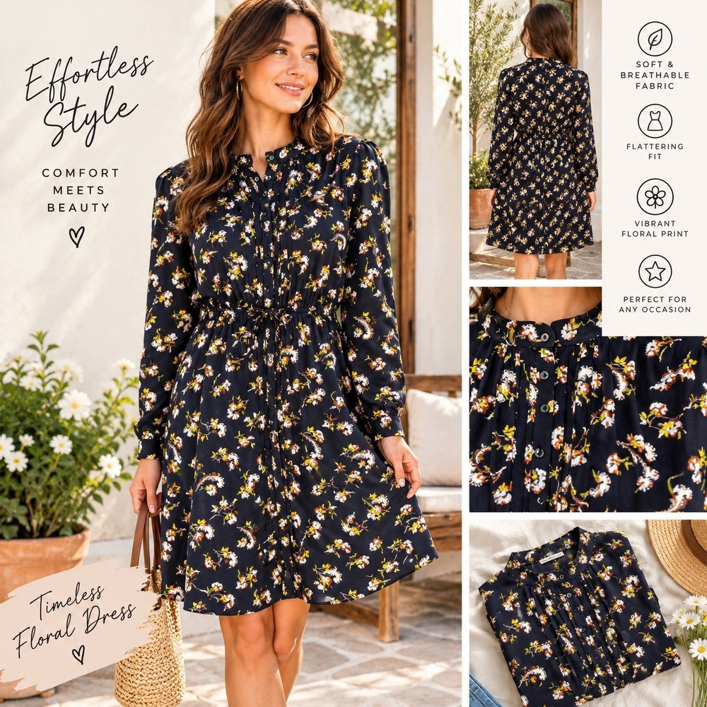 Banana Republic Navy Floral Button Front Shirt Dress Petite XS Long Sleeve 3913